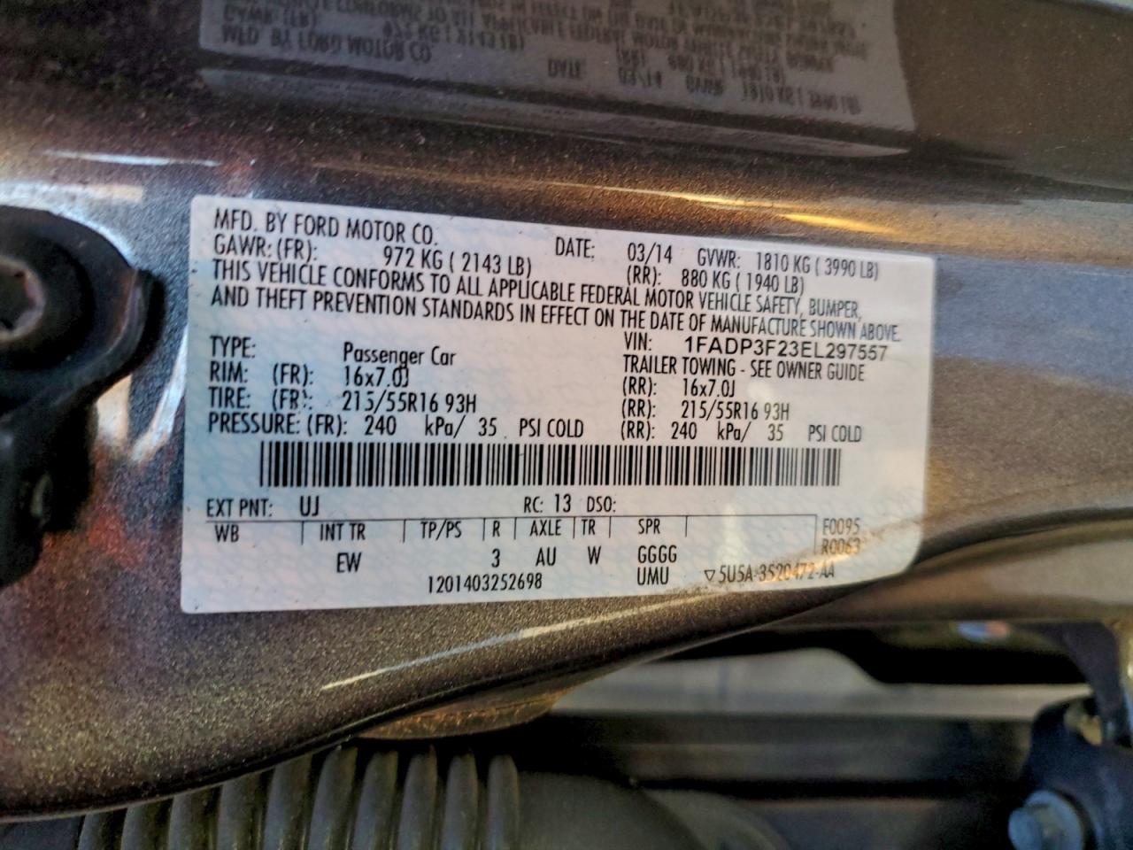 2014 Ford Focus Se VIN: 1FADP3F23EL297557 Lot: 95316335