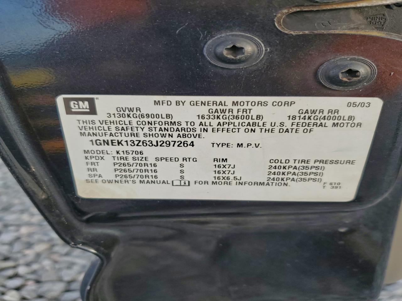 2003 Chevrolet Tahoe K1500 VIN: 1GNEK13Z63J297264 Lot: 94718455