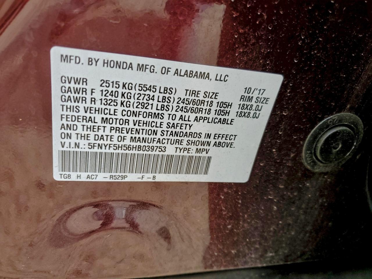 2017 Honda Pilot Exl VIN: 5FNYF5H56HB039753 Lot: 94934545