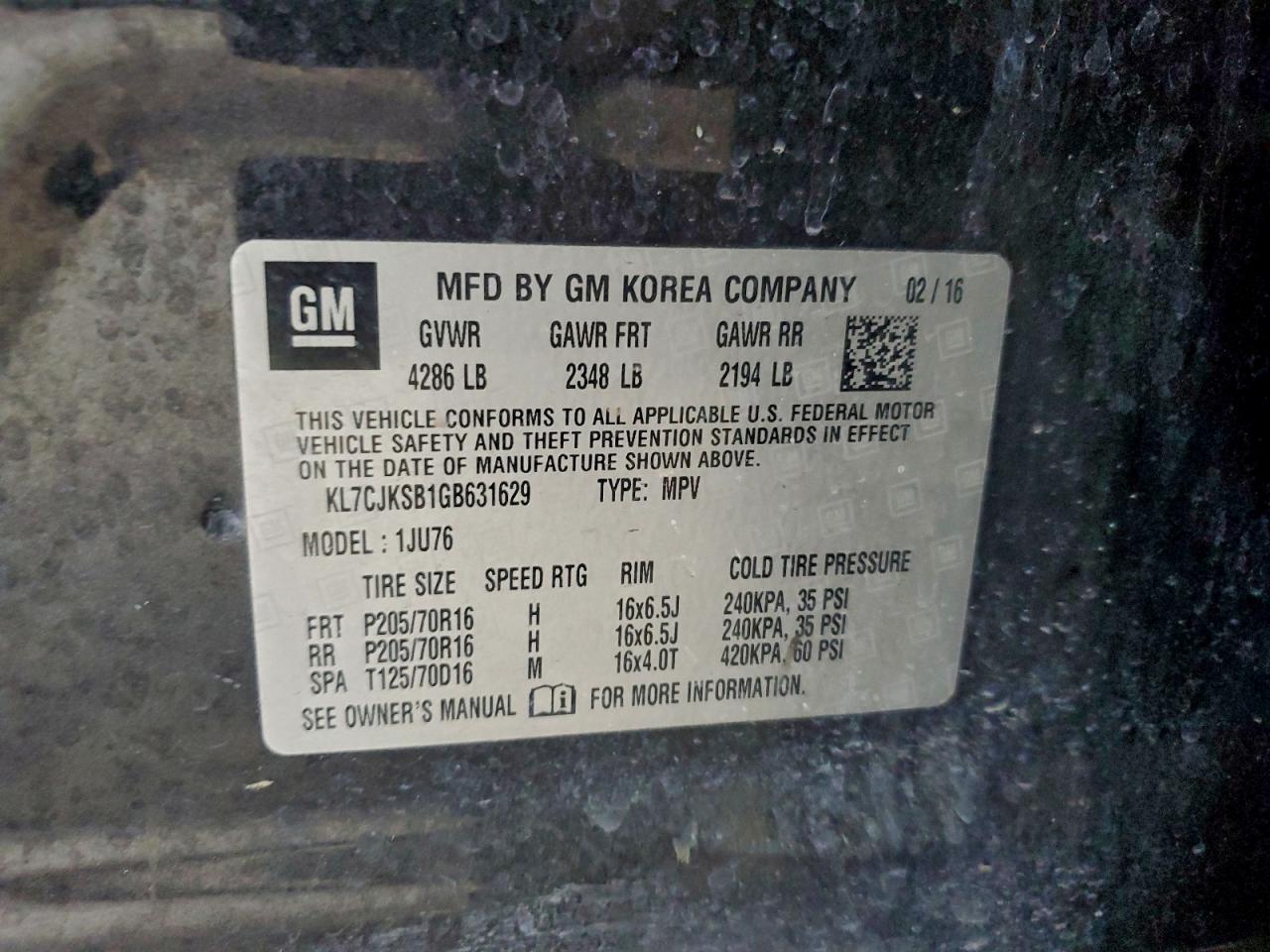 2016 Chevrolet Trax Ls VIN: KL7CJKSB1GB631629 Lot: 97187085