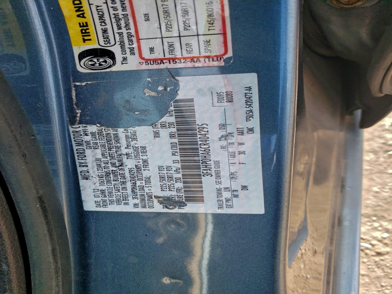 2012 Ford Fusion Se VIN: 3FAHP0HA6CR404295 Lot: 96176885