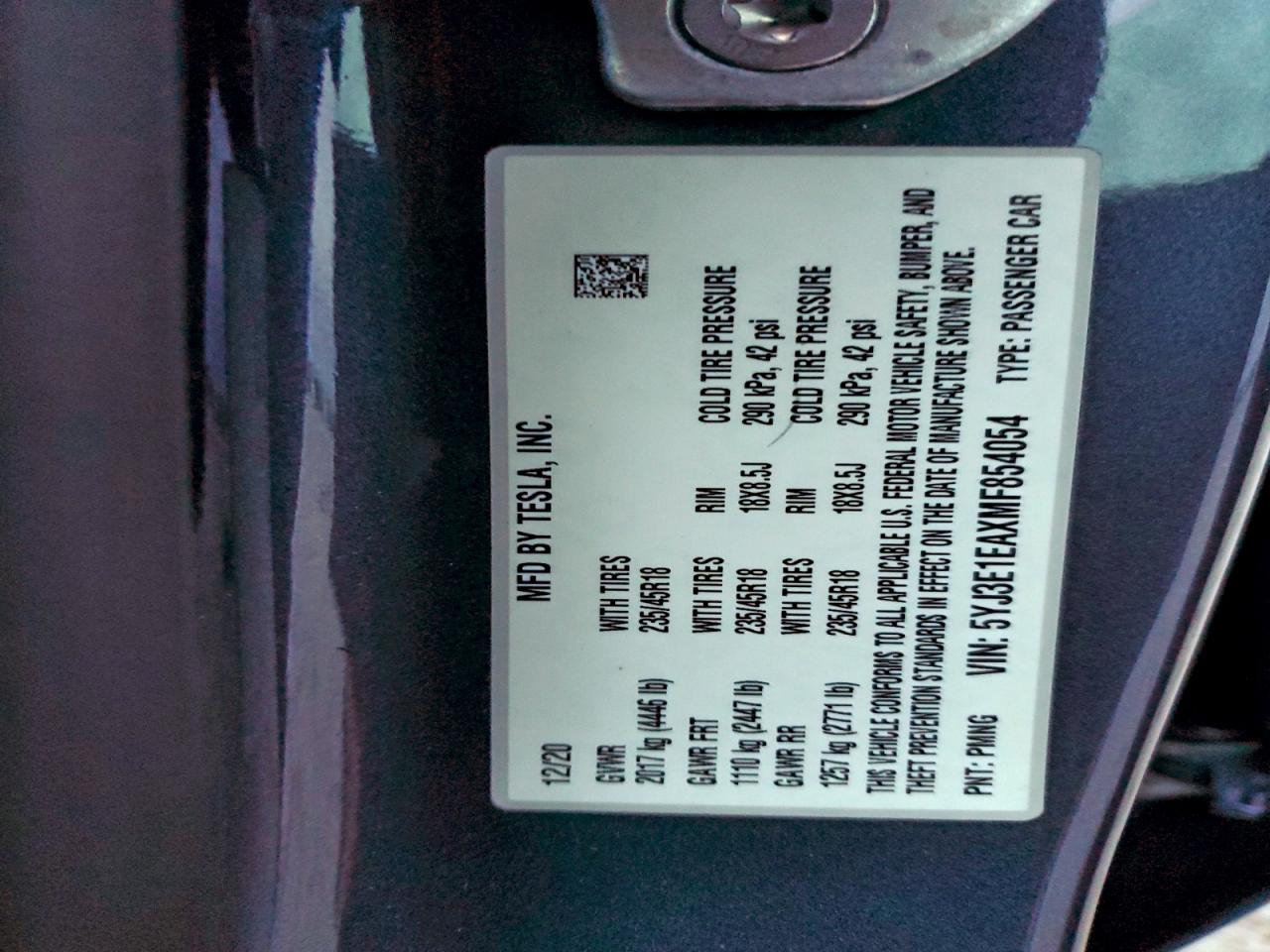 2021 Tesla Model 3 VIN: 5YJ3E1EAXMF854054 Lot: 95093415