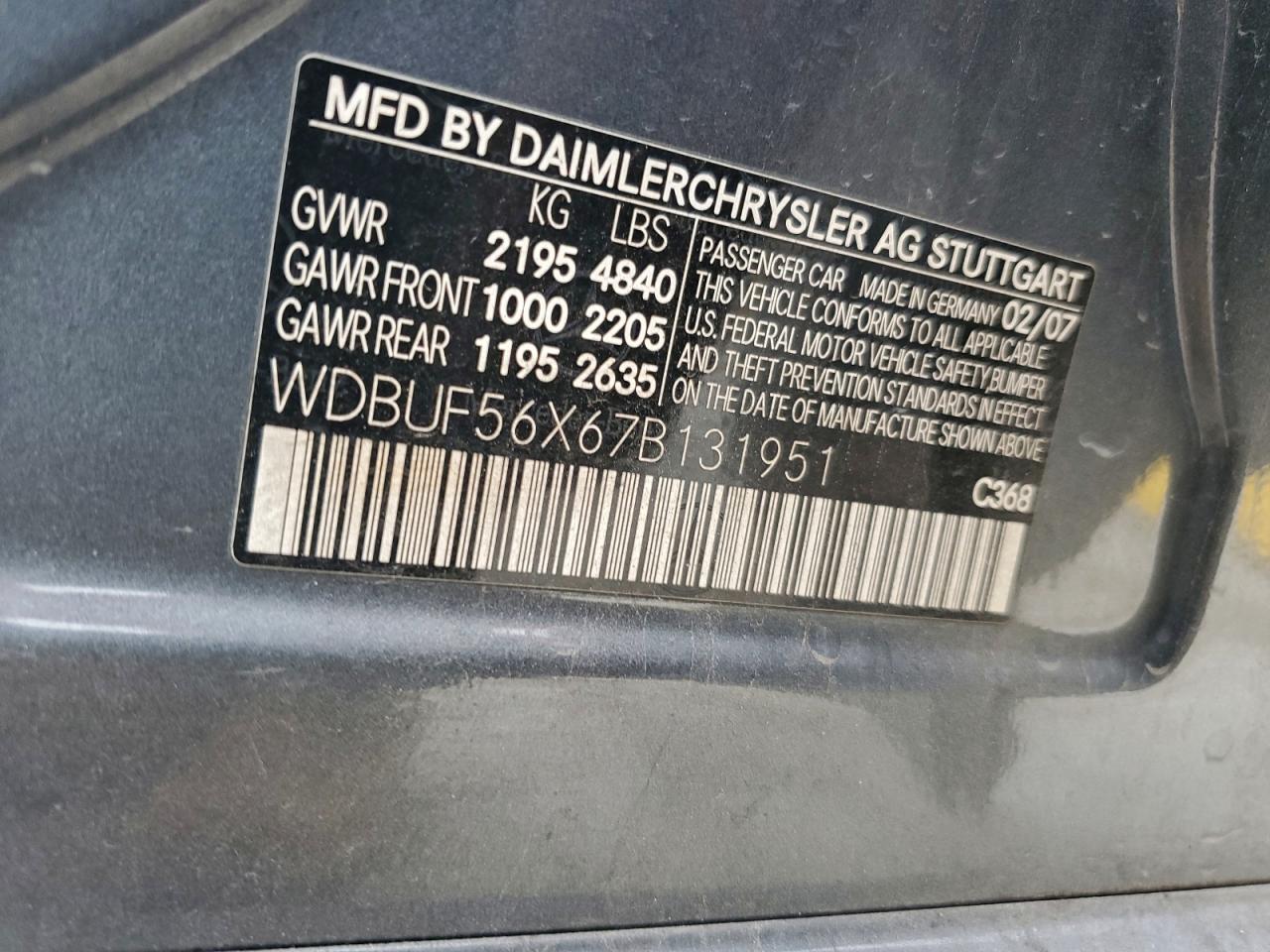 2007 Mercedes-Benz E 350 VIN: WDBUF56X67B131951 Lot: 94901835