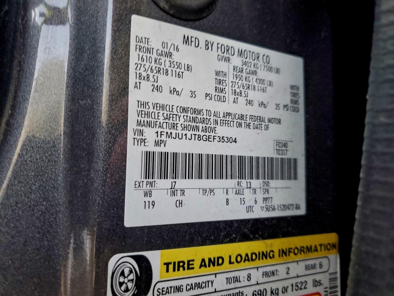 2016 Ford Expedition Xlt VIN: 1FMJU1JT8GEF35304 Lot: 95019555