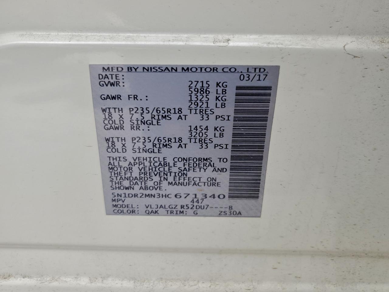 2017 Nissan Pathfinder S VIN: 5N1DR2MN3HC671340 Lot: 96972725