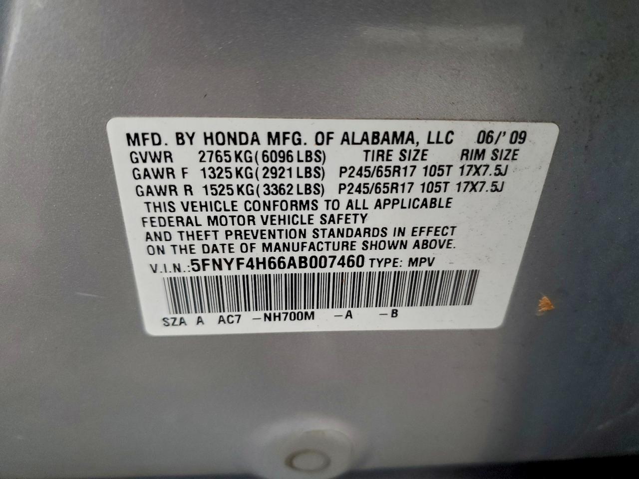 2010 Honda Pilot Exl VIN: 5FNYF4H66AB007460 Lot: 96235355