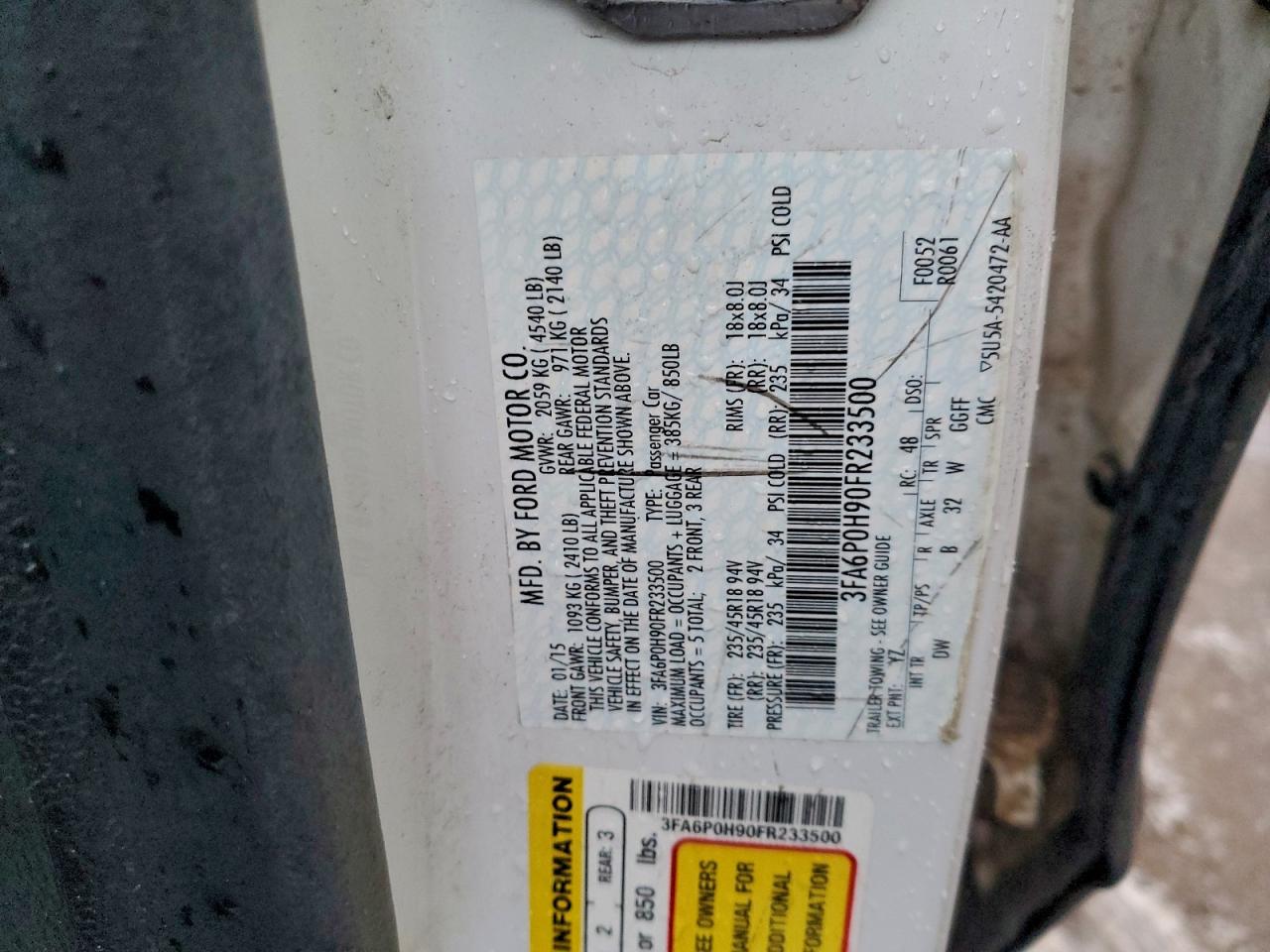 2015 Ford Fusion Se VIN: 3FA6P0H90FR233500 Lot: 95781295