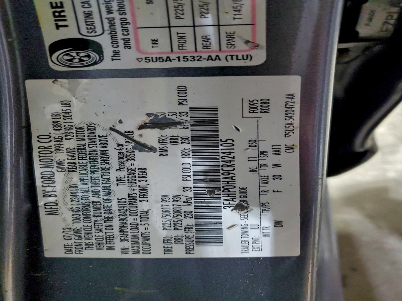 2012 Ford Fusion Se VIN: 3FAHP0HA9CR424105 Lot: 94098885