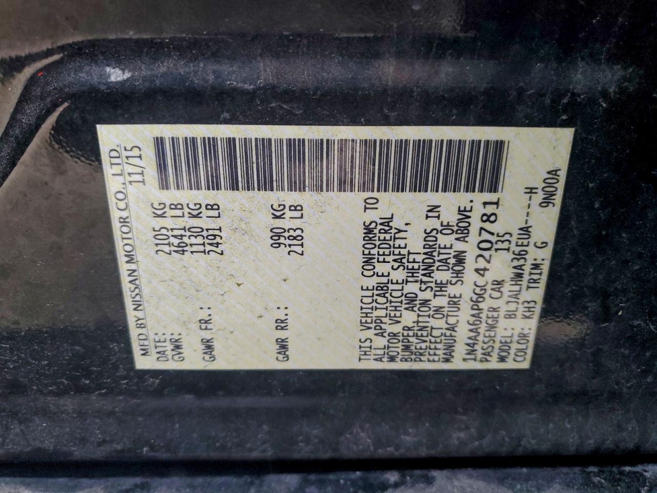 2016 Nissan Maxima 3.5S VIN: 1N4AA6AP6GC420781 Lot: 92926495