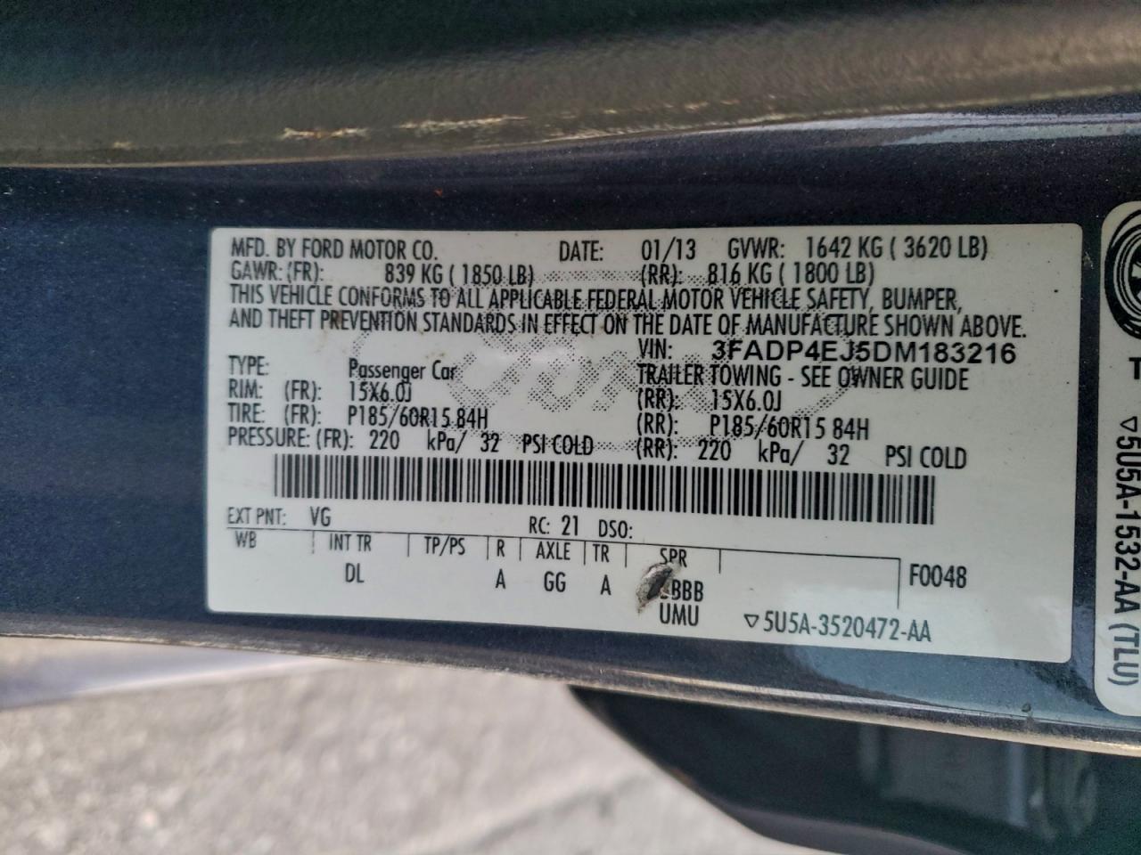 2013 Ford Fiesta Se VIN: 3FADP4EJ5DM183216 Lot: 96774175