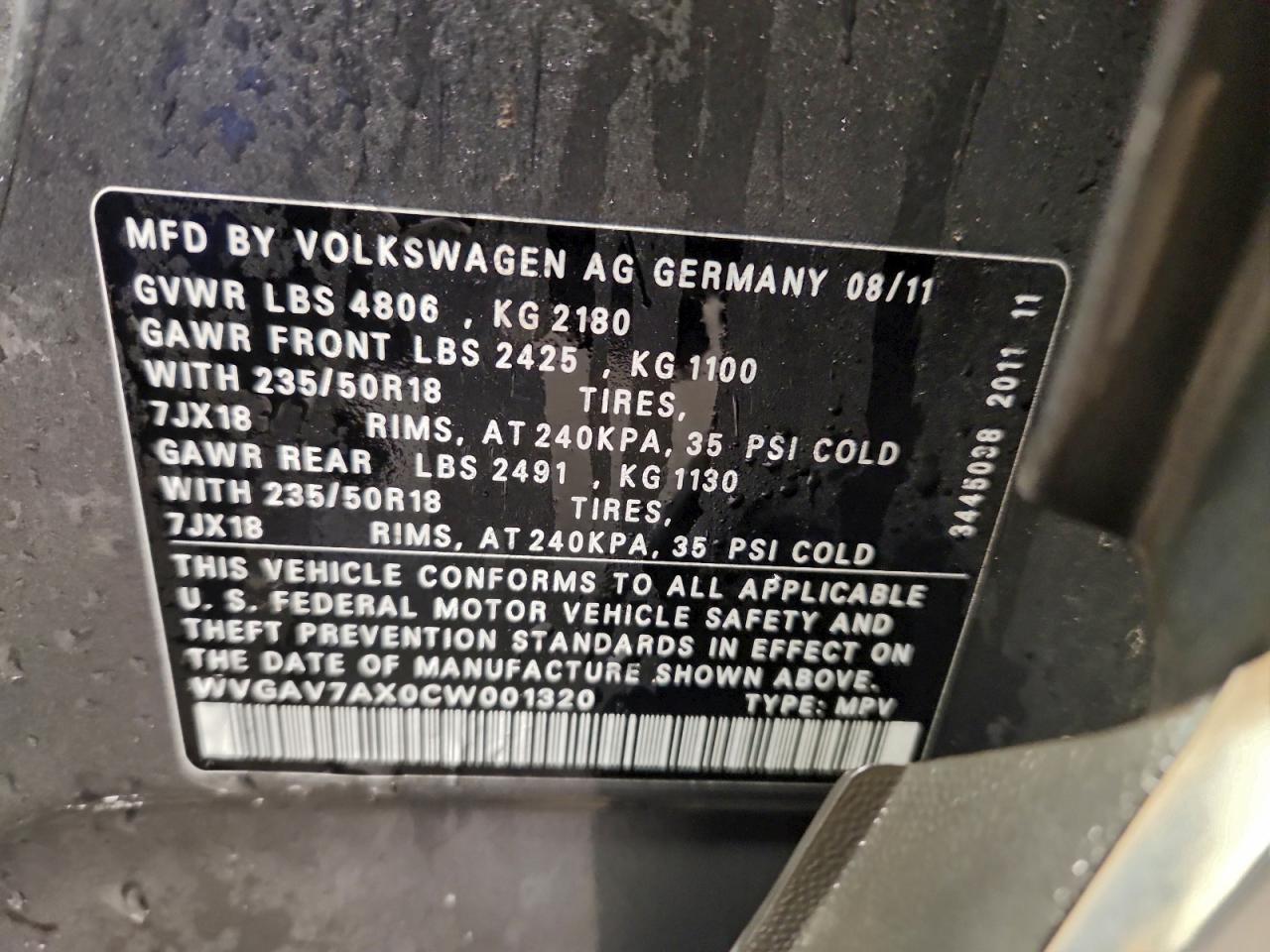 2012 Volkswagen Tiguan S VIN: WVGAV7AX0CW001320 Lot: 97003845