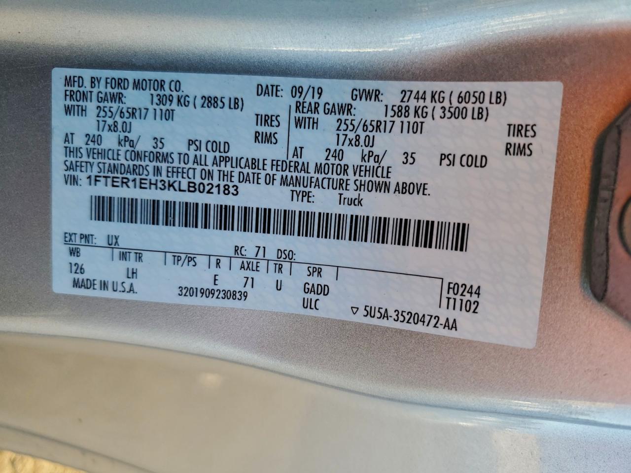 2019 Ford Ranger Xl VIN: 1FTER1EH3KLB02183 Lot: 96991805