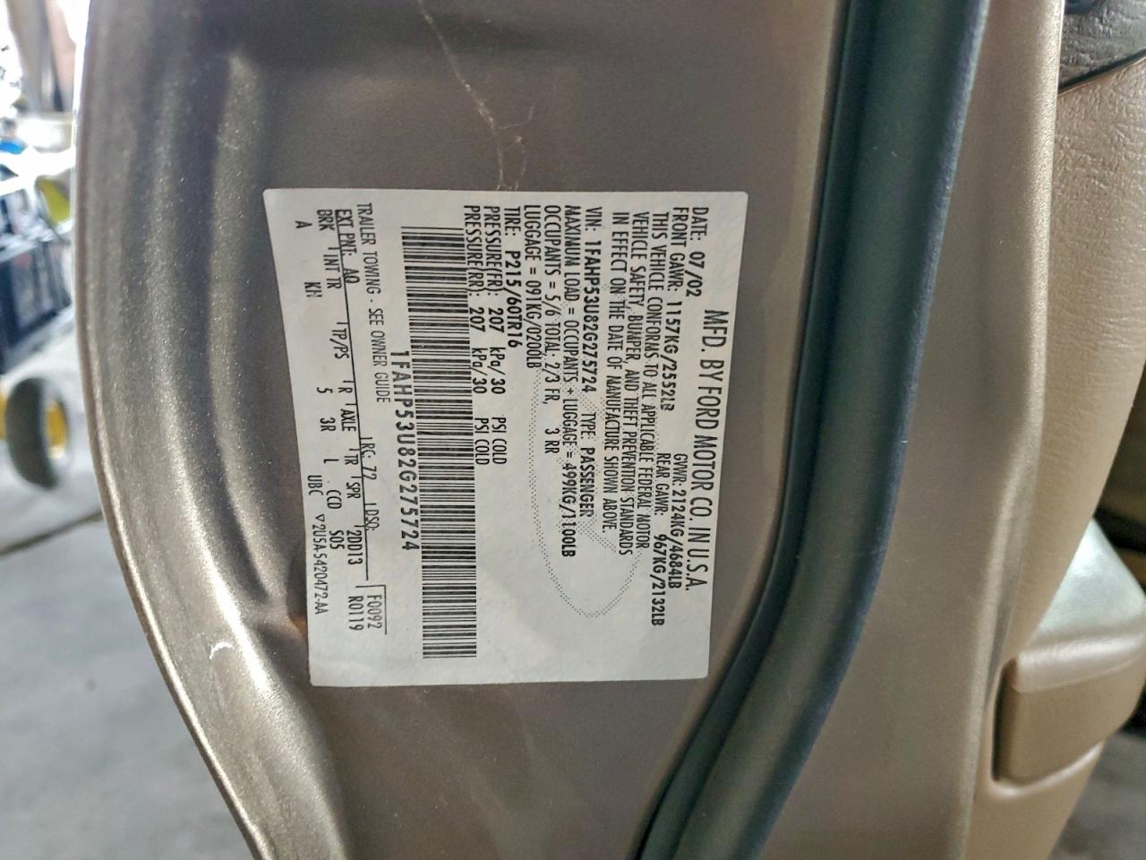 2002 Ford Taurus Se VIN: 1FAHP53U82G275724 Lot: 96232765