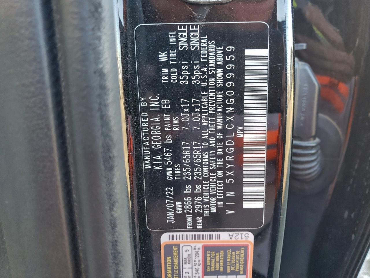 2022 Kia Sorento Lx VIN: 5XYRGDLCXNG099959 Lot: 94712235