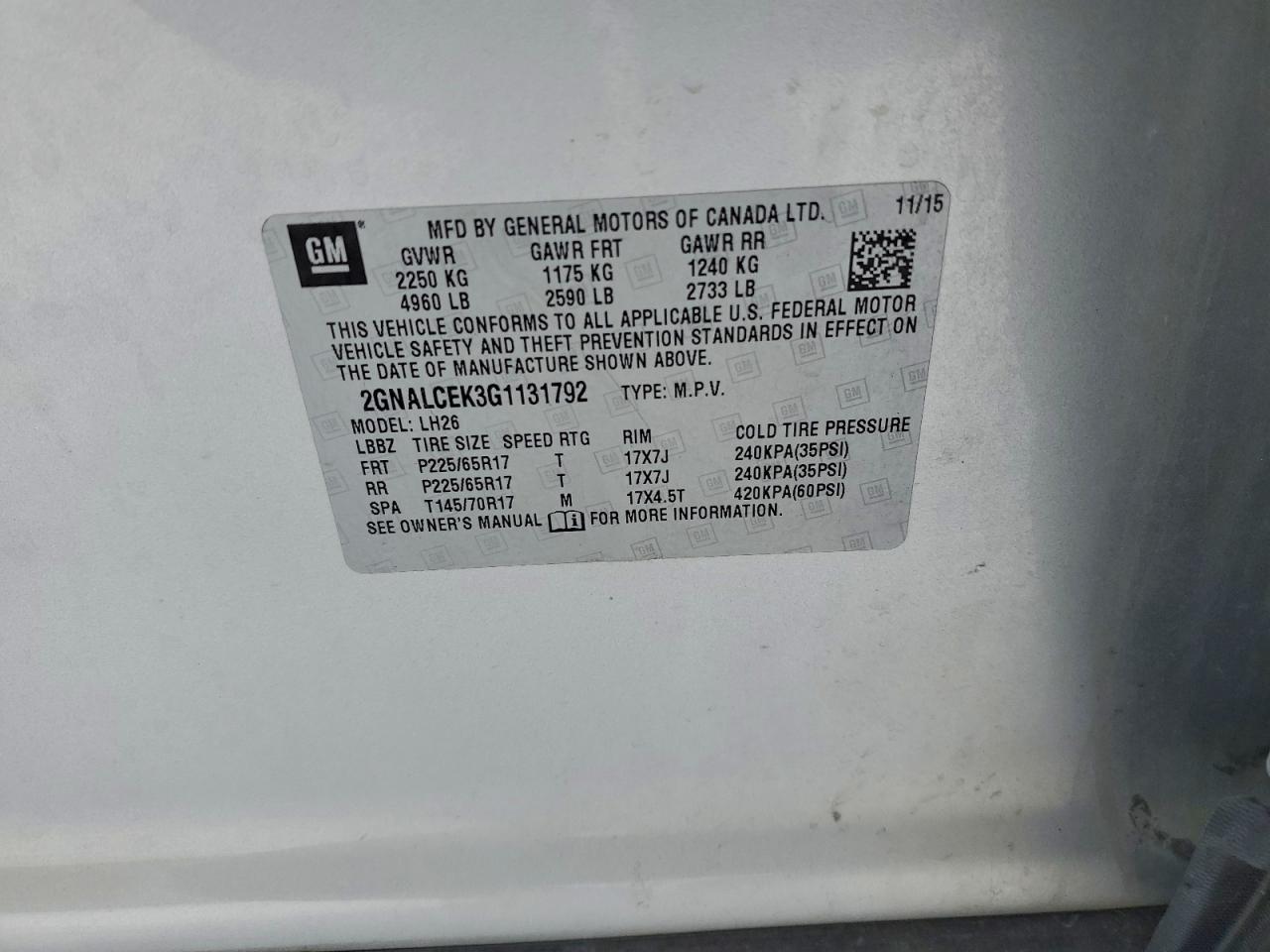 2016 Chevrolet Equinox Lt VIN: 2GNALCEK3G1131792 Lot: 94672565