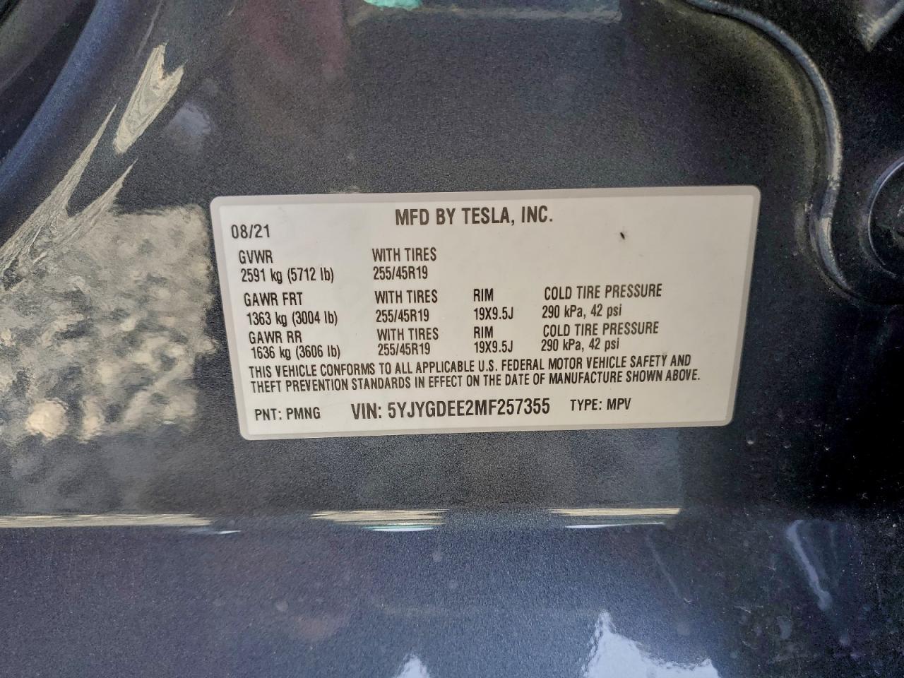 2021 Tesla Model Y VIN: 5YJYGDEE2MF257355 Lot: 95670705