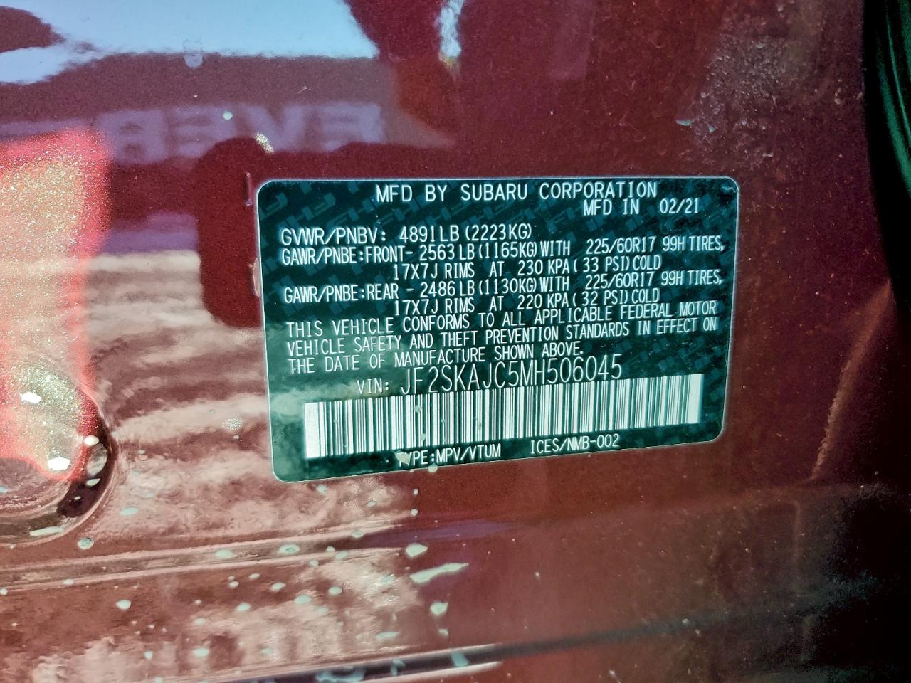 2021 Subaru Forester Premium VIN: JF2SKAJC5MH506045 Lot: 96711425