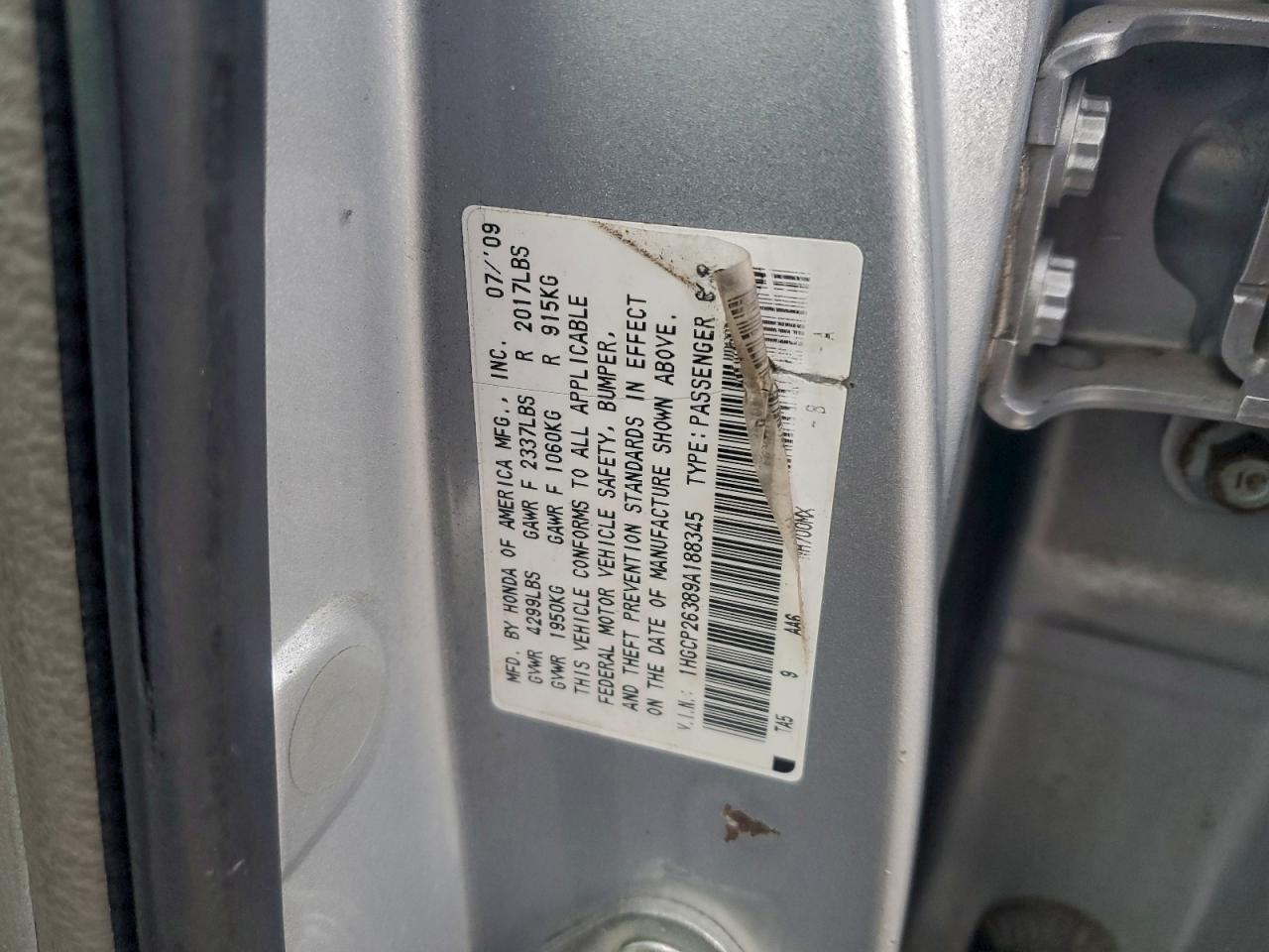 2009 Honda Accord Lx VIN: 1HGCP26389A188345 Lot: 95964565