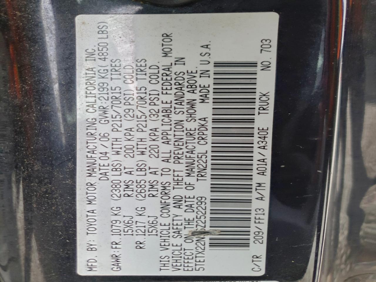 2006 Toyota Tacoma Access Cab VIN: 5TETX22N96Z252299 Lot: 95065145