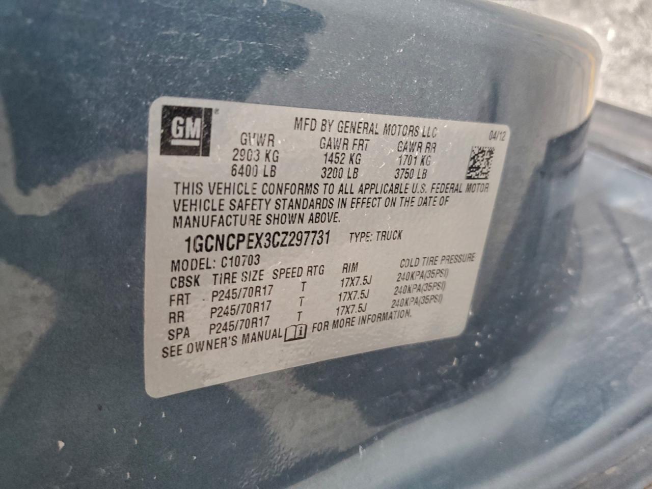 2012 Chevrolet Silverado C1500 VIN: 1GCNCPEX3CZ297731 Lot: 97161775