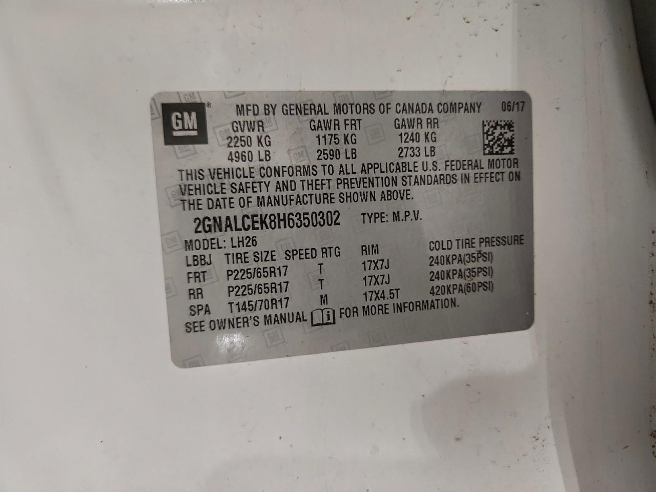 2017 Chevrolet Equinox Lt VIN: 2GNALCEK8H6350302 Lot: 94533905