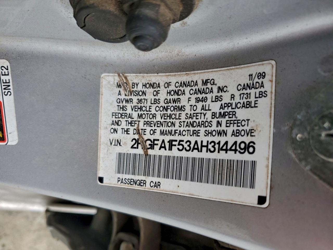 2010 Honda Civic Lx VIN: 2HGFA1F53AH314496 Lot: 95184255