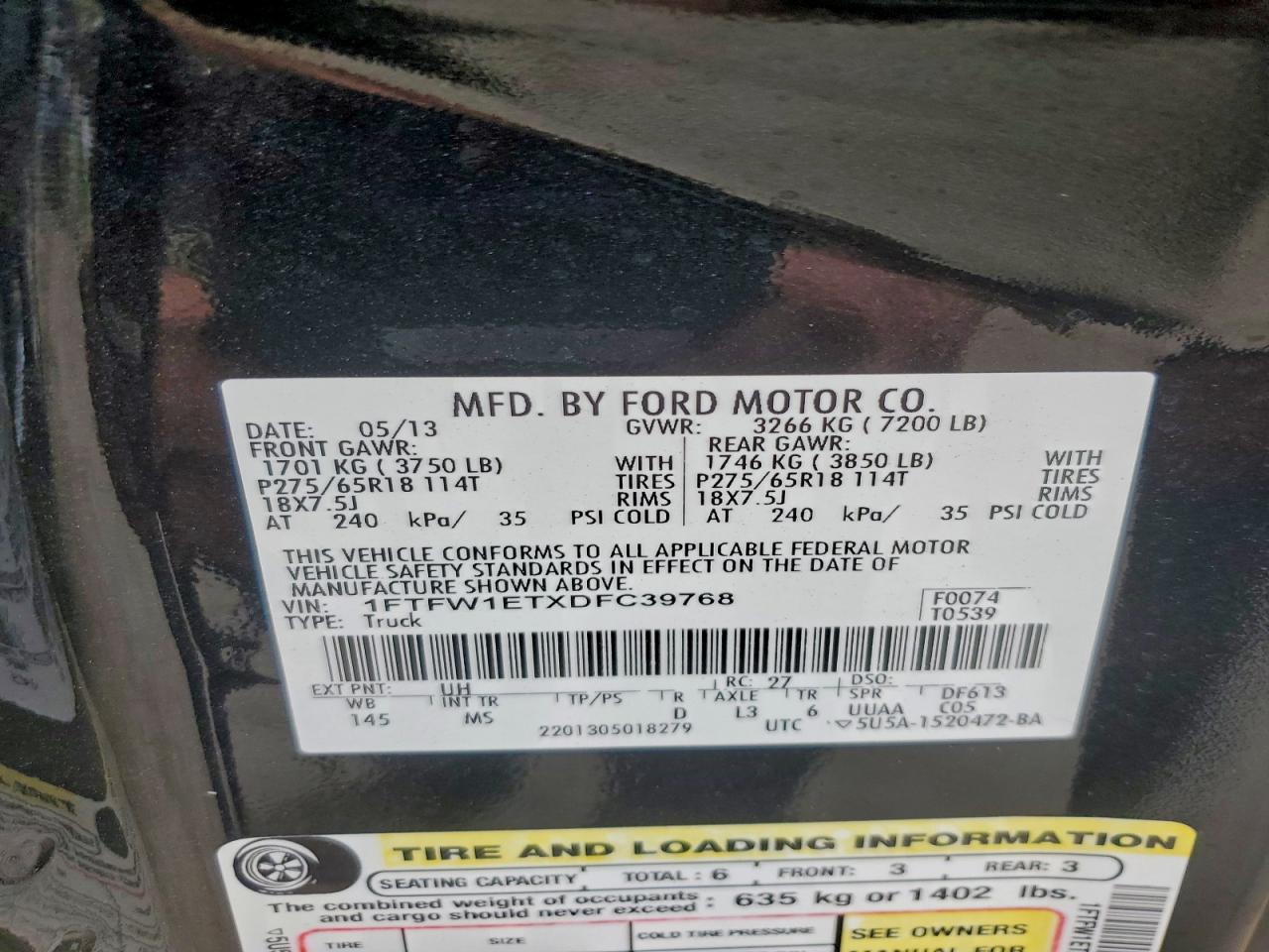 2013 Ford F150 Supercrew VIN: 1FTFW1ETXDFC39768 Lot: 96825445