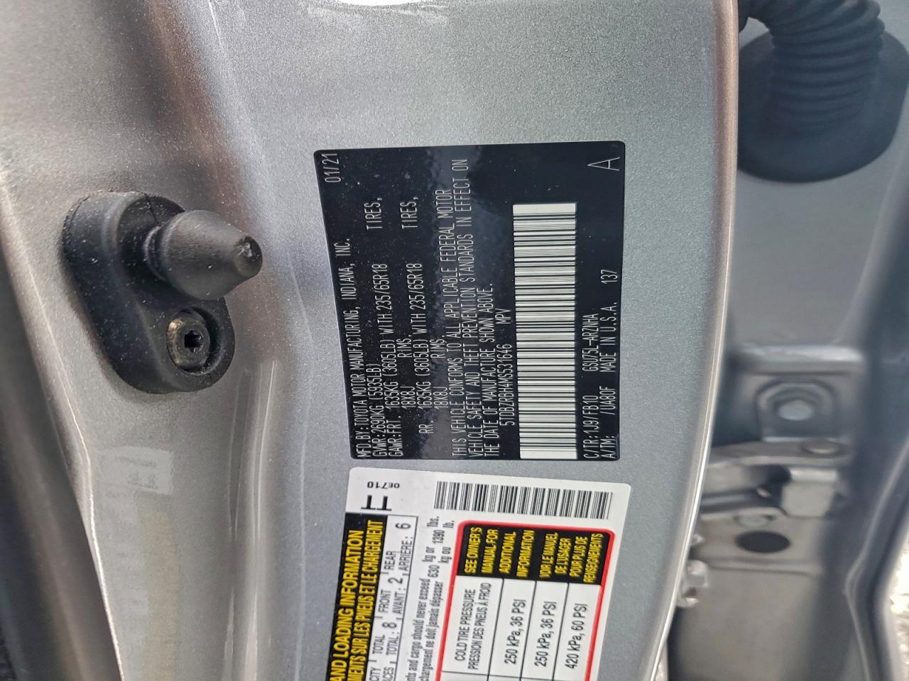 2021 Toyota Highlander L VIN: 5TDBZRBH4MS531646 Lot: 96199485