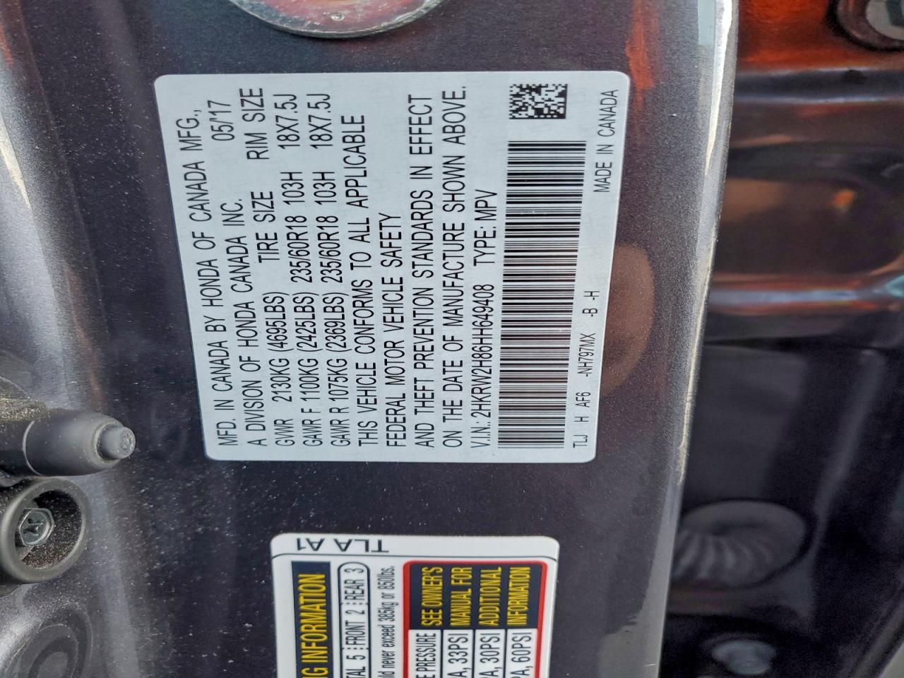 2017 Honda Cr-V Exl VIN: 2HKRW2H86HH649408 Lot: 93246805