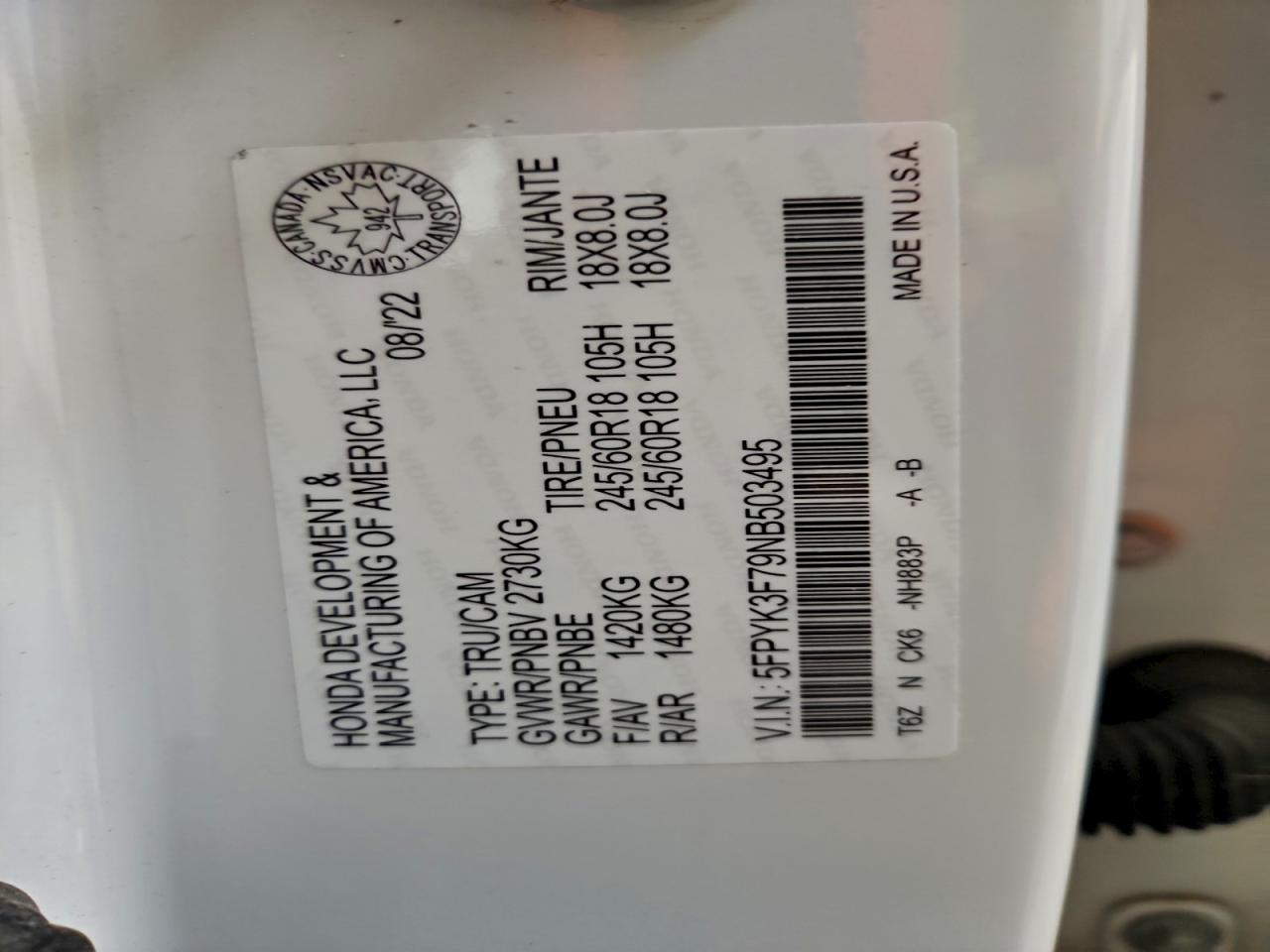 2022 Honda Ridgeline Rtl VIN: 5FPYK3F79NB503495 Lot: 96977495