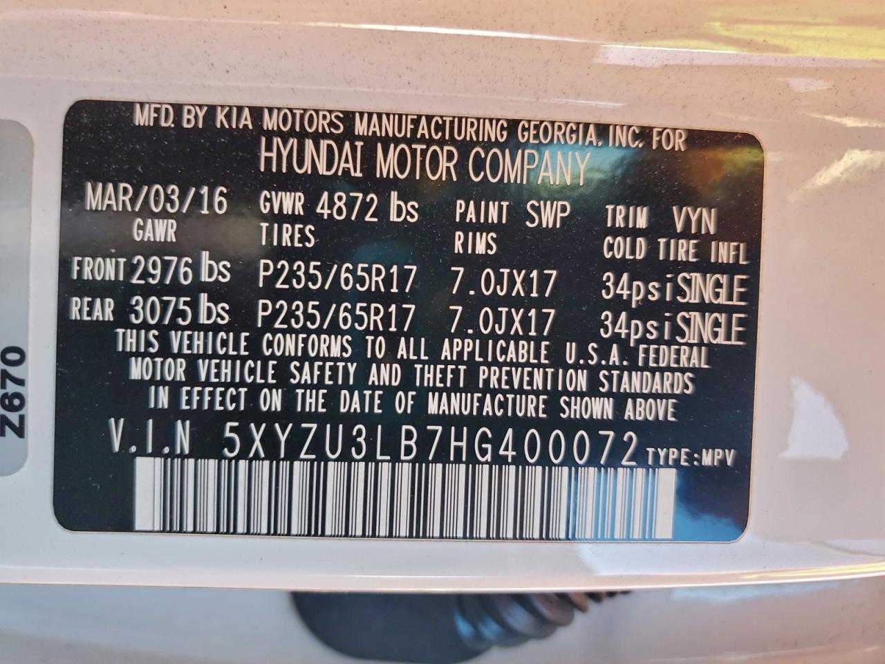 2017 Hyundai Santa Fe Sport VIN: 5XYZU3LB7HG400072 Lot: 95279495