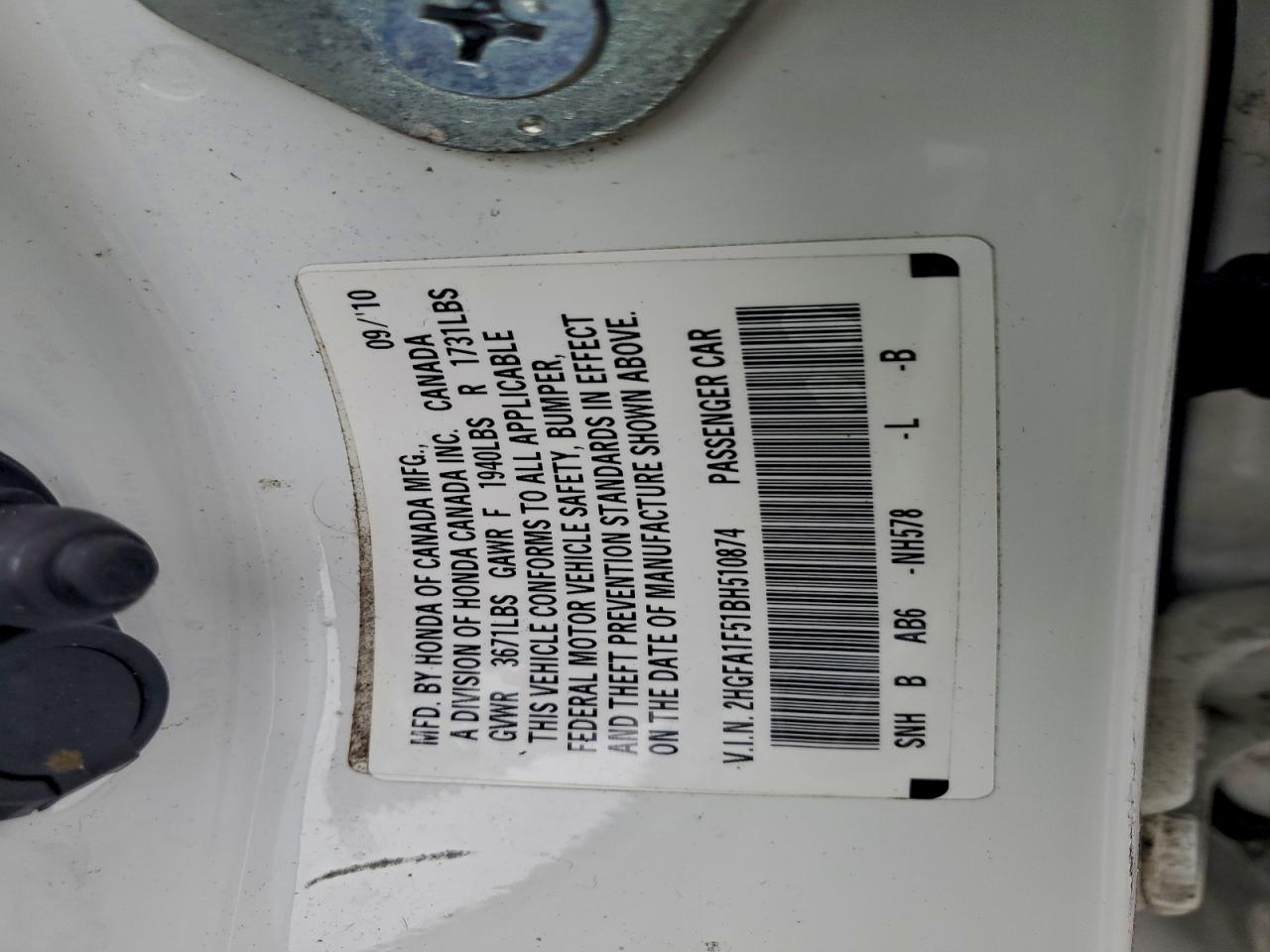 2011 Honda Civic Lx VIN: 2HGFA1F51BH510874 Lot: 94942565