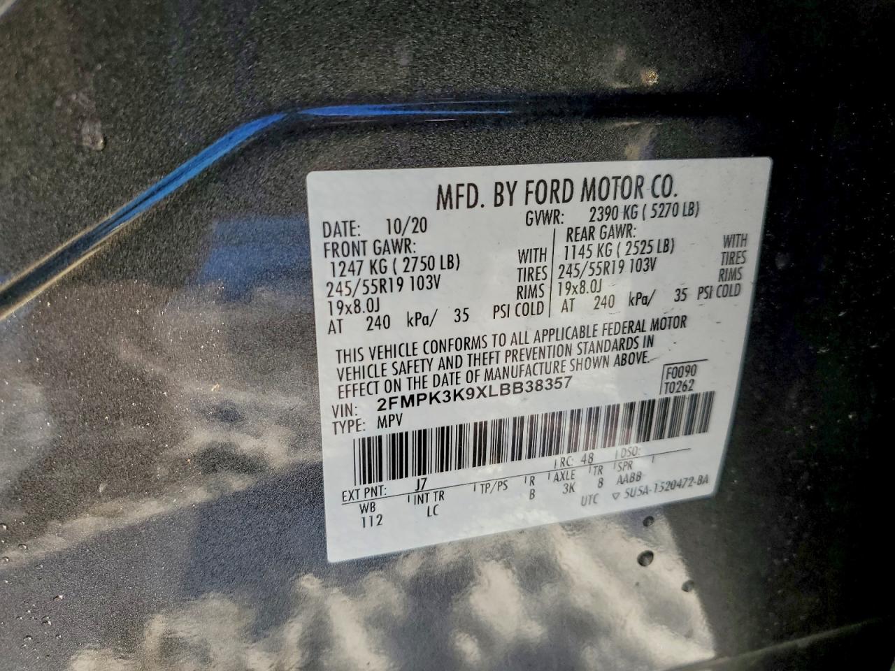 2020 Ford Edge Titanium VIN: 2FMPK3K9XLBB38357 Lot: 95933385