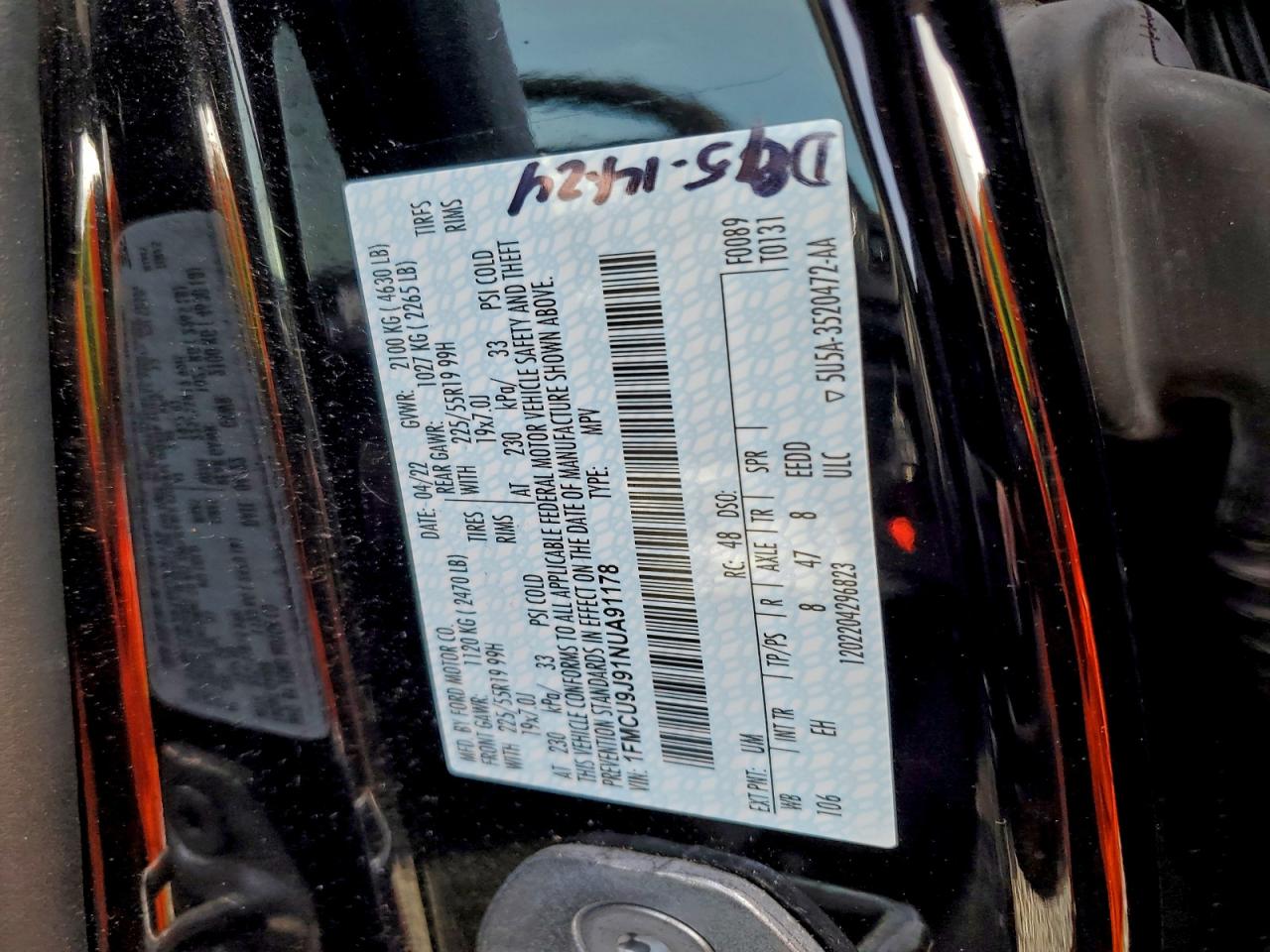 2022 Ford Escape Titanium VIN: 1FMCU9J91NUA91178 Lot: 93615125