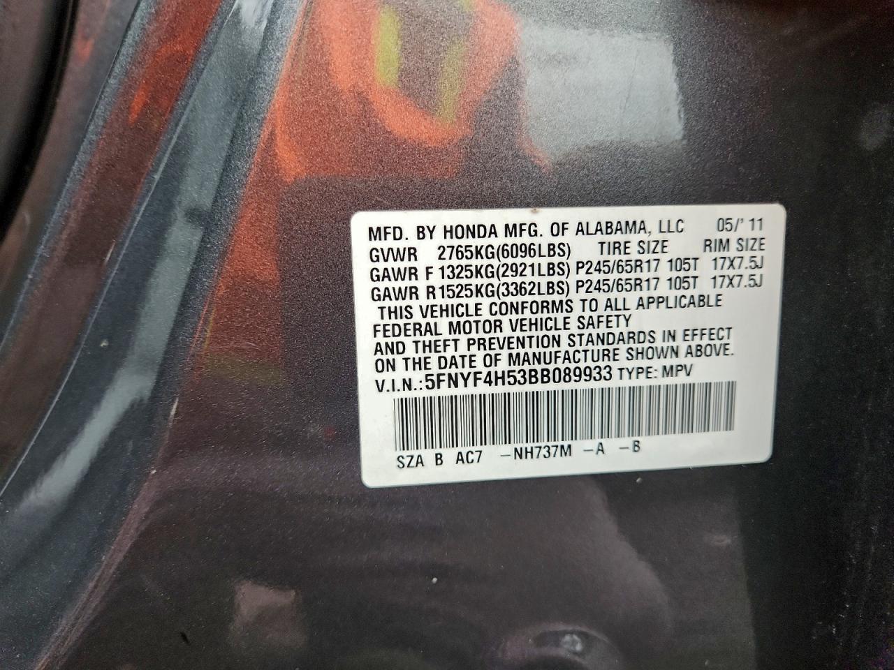 2011 Honda Pilot Exl VIN: 5FNYF4H53BB089933 Lot: 95303525