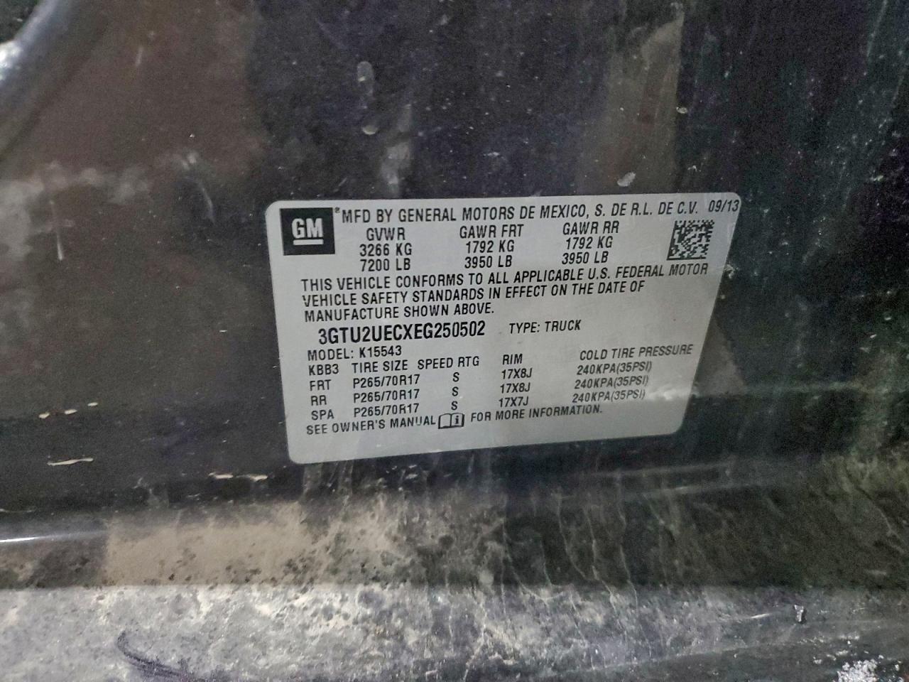 2014 GMC Sierra K1500 Sle VIN: 3GTU2UECXEG250502 Lot: 95014095