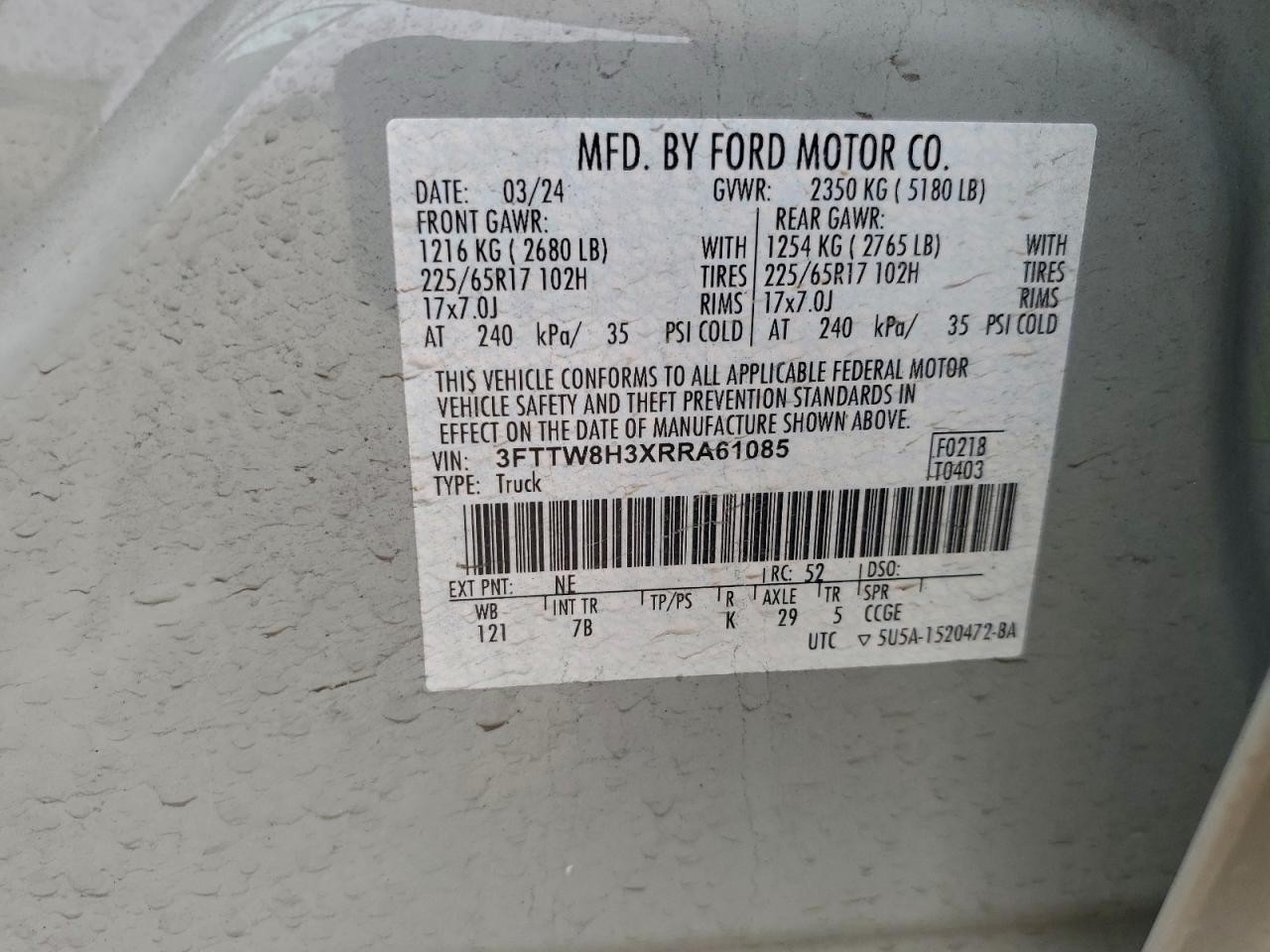 2024 Ford Maverick Xlt VIN: 3FTTW8H3XRRA61085 Lot: 95009745