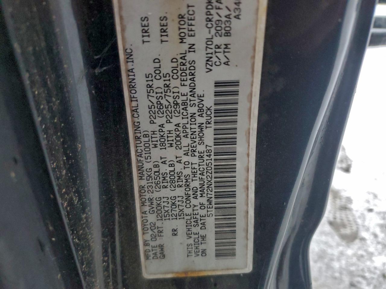 2002 Toyota Tacoma Xtracab VIN: 5TEWN72NX2Z051487 Lot: 96551295