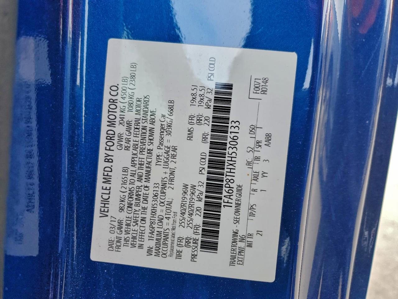 2017 Ford Mustang VIN: 1FA6P8THXH5306133 Lot: 95189365