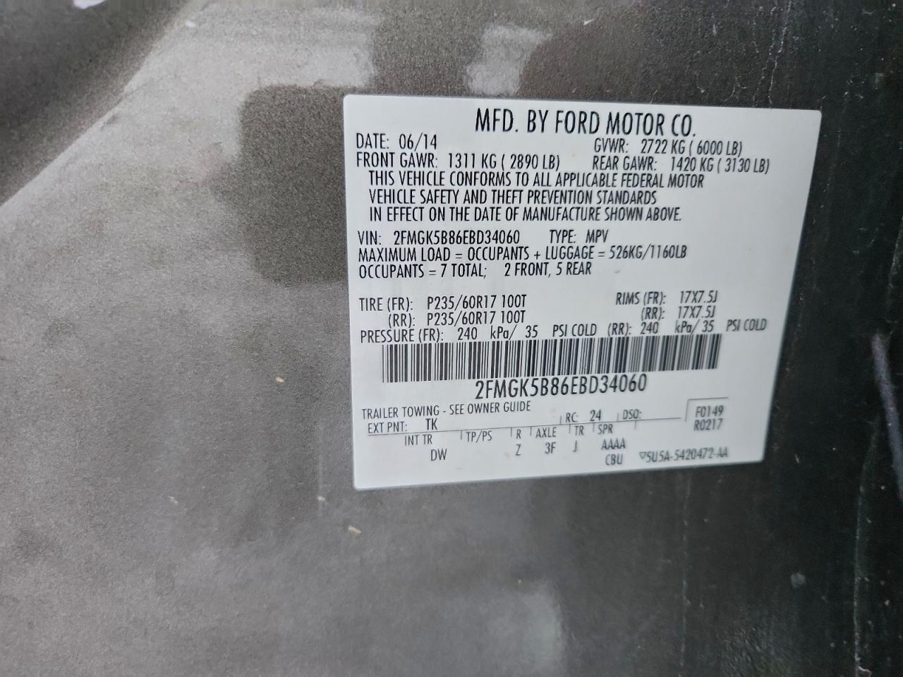 2014 Ford Flex Se VIN: 2FMGK5B86EBD34060 Lot: 94292005