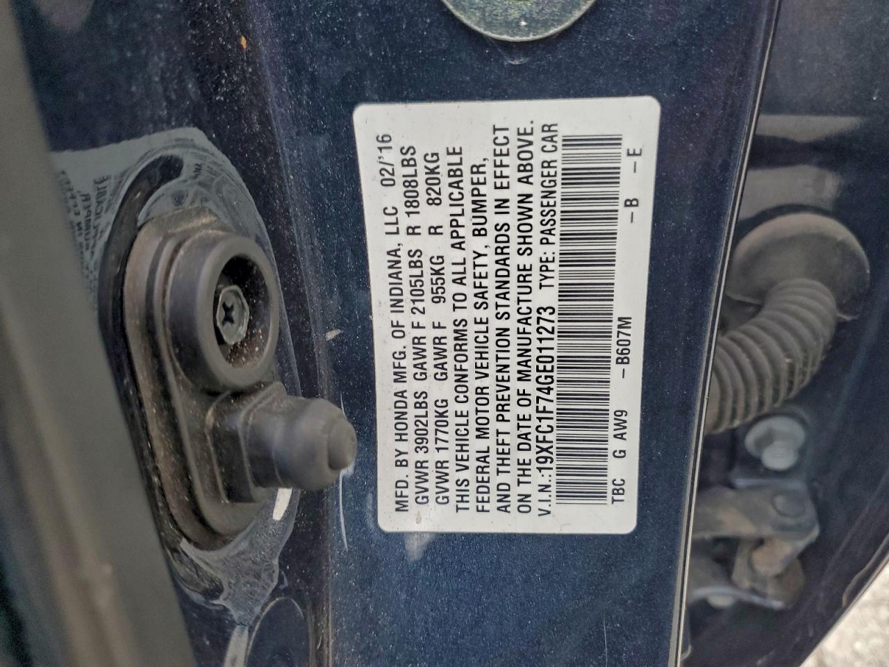 2016 Honda Civic Exl VIN: 19XFC1F74GE011273 Lot: 94527235