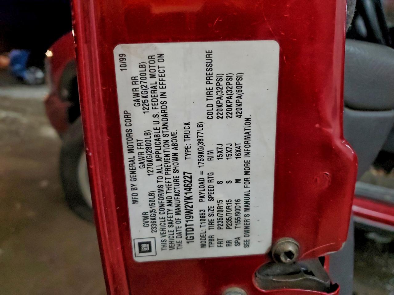 2000 GMC Sonoma VIN: 1GTDT19W2YK146227 Lot: 94685535