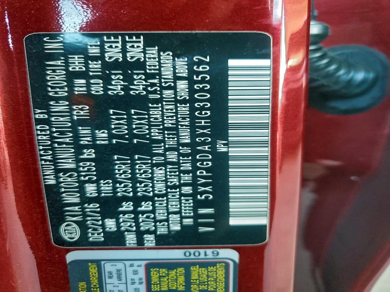 2017 Kia Sorento Lx VIN: 5XYPGDA3XHG303562 Lot: 93850425