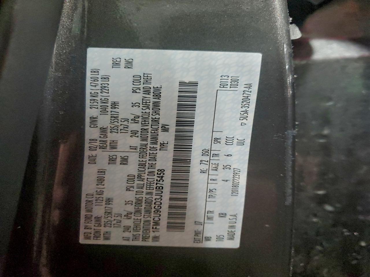 2018 Ford Escape Se VIN: 1FMCU9GD3JUB75458 Lot: 96492925