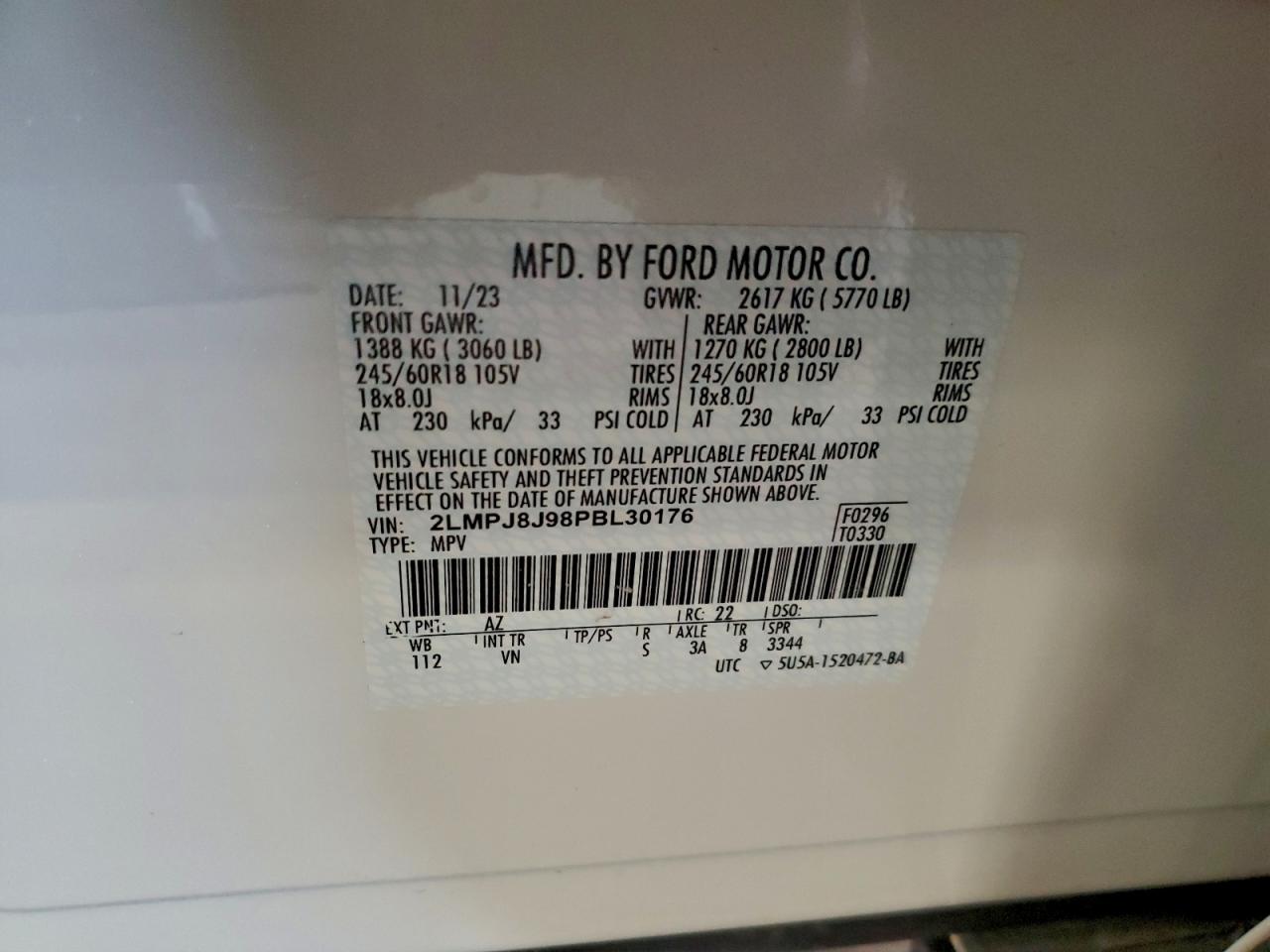 2023 Lincoln Nautilus VIN: 2LMPJ8J98PBL30176 Lot: 96584555