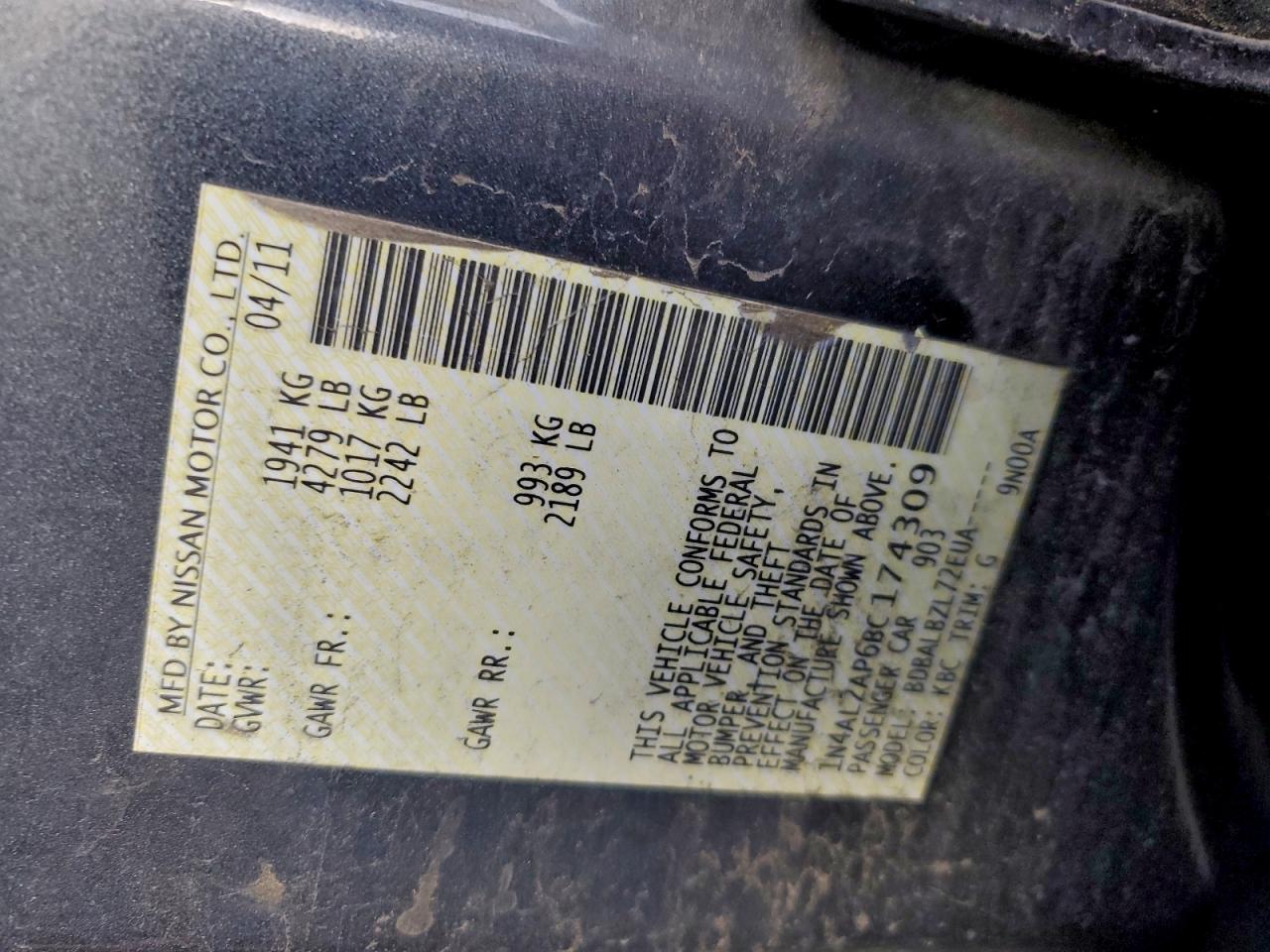 2011 Nissan Altima Base VIN: 1N4AL2AP6BC174309 Lot: 95178395