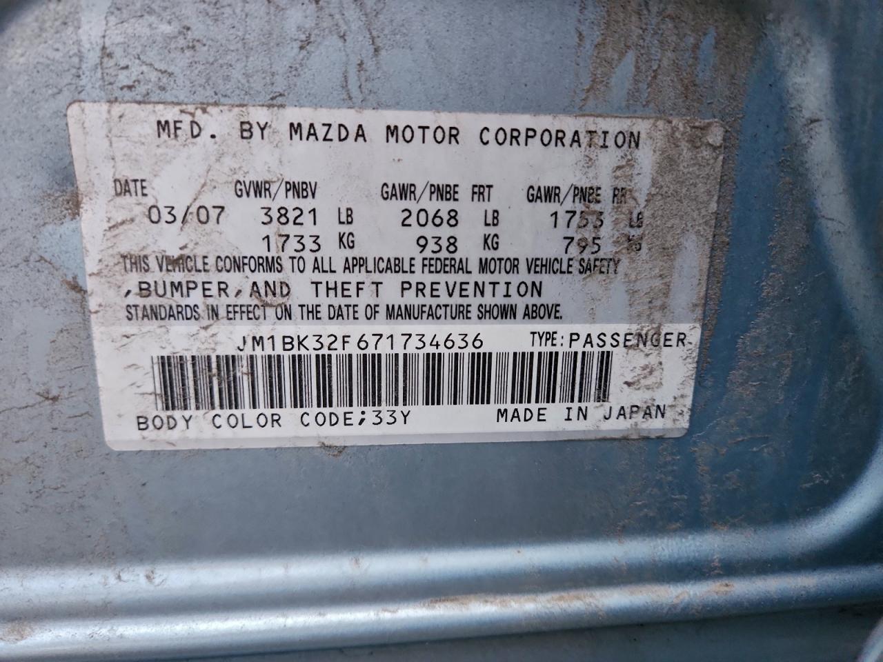 2007 Mazda 3 I VIN: JM1BK32F671734636 Lot: 94733175