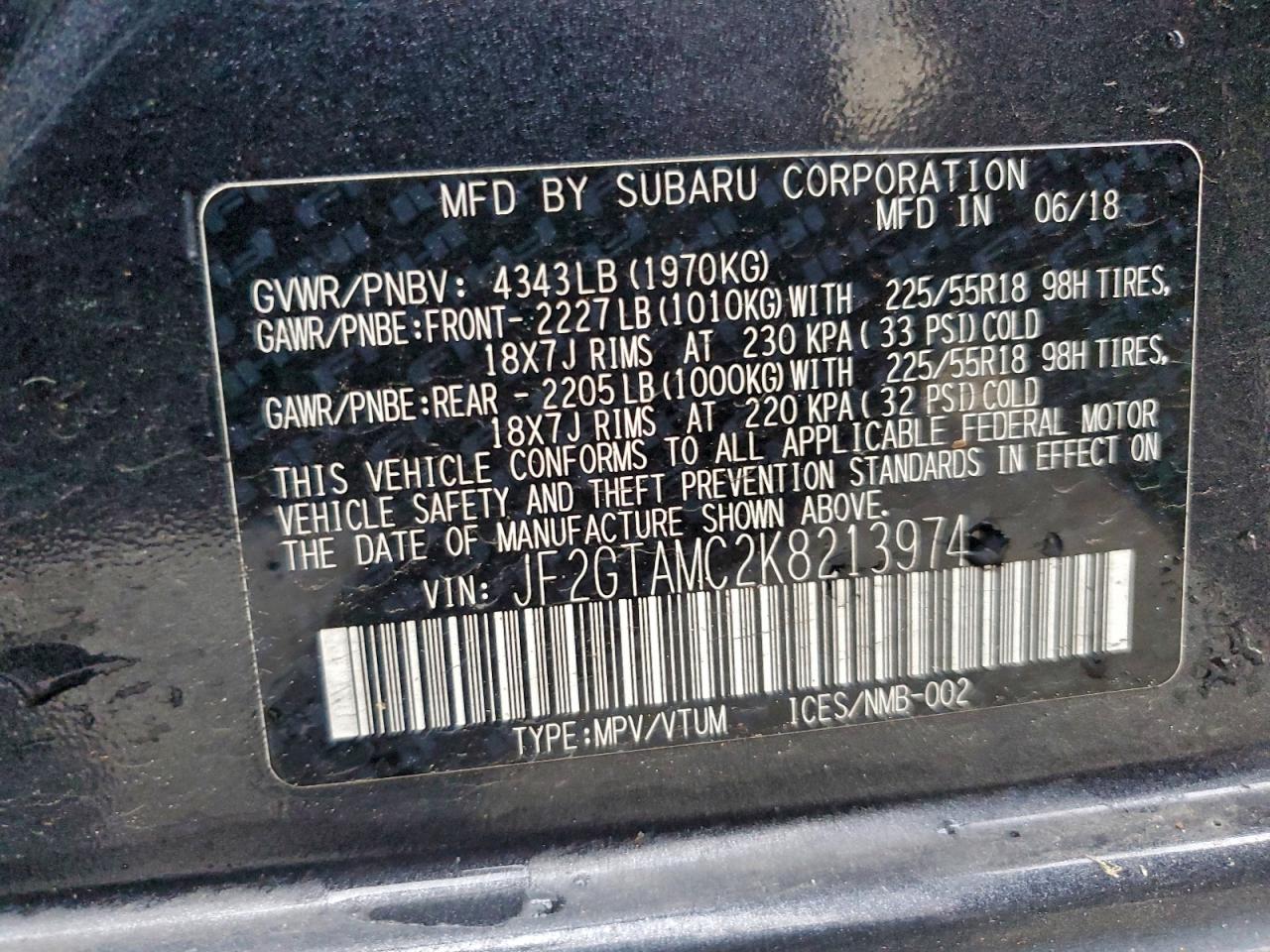 2019 Subaru Crosstrek Limited VIN: JF2GTAMC2K8213974 Lot: 95653185