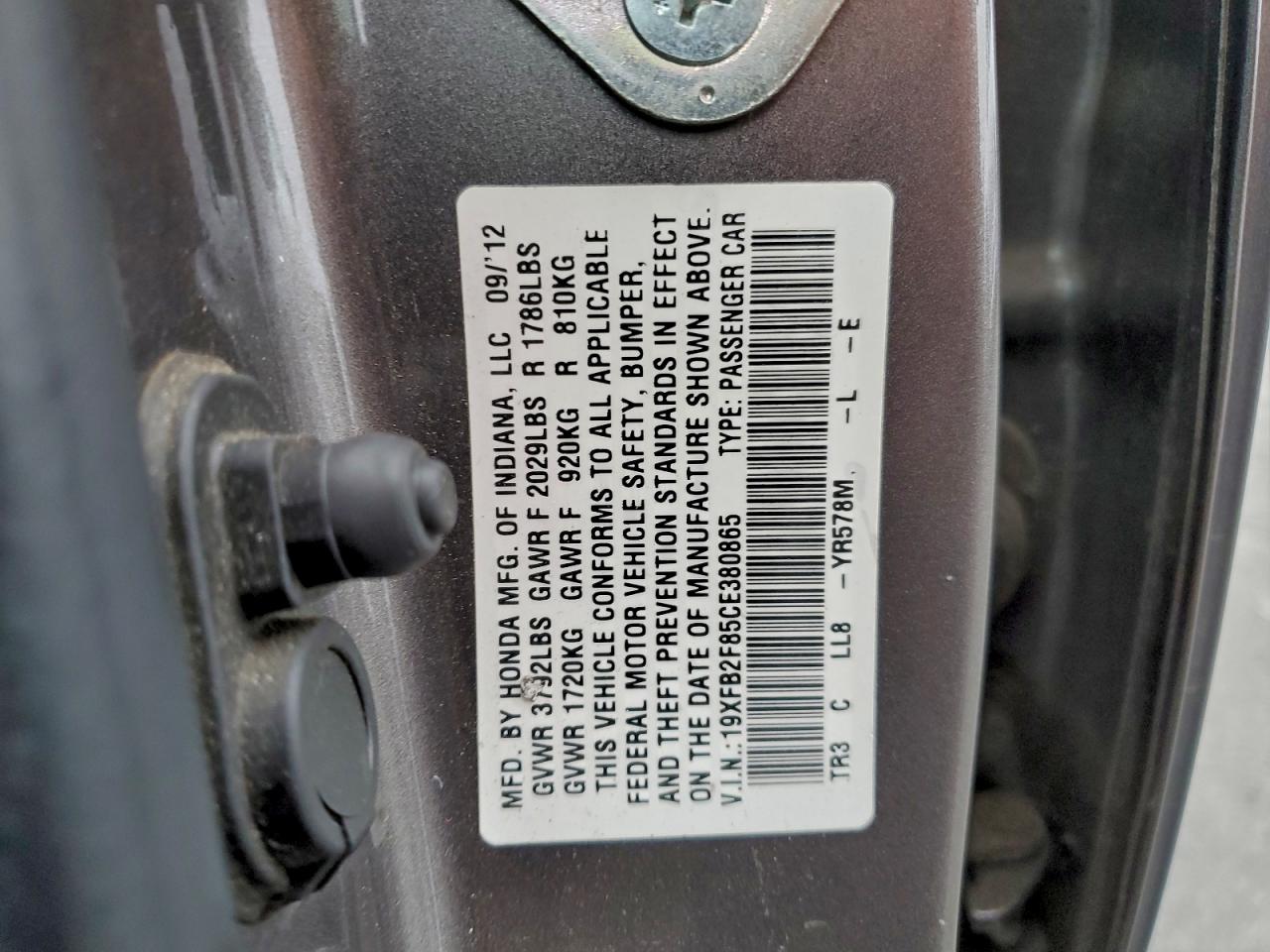 2012 Honda Civic Ex VIN: 19XFB2F85CE380865 Lot: 96121945