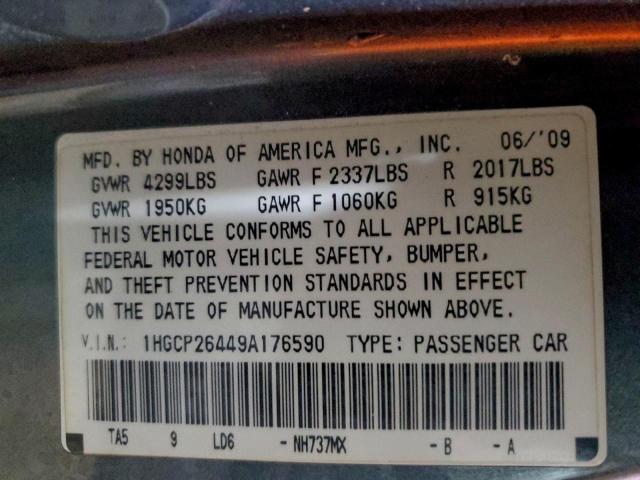 2009 Honda Accord Lxp VIN: 1HGCP26449A176590 Lot: 94442785